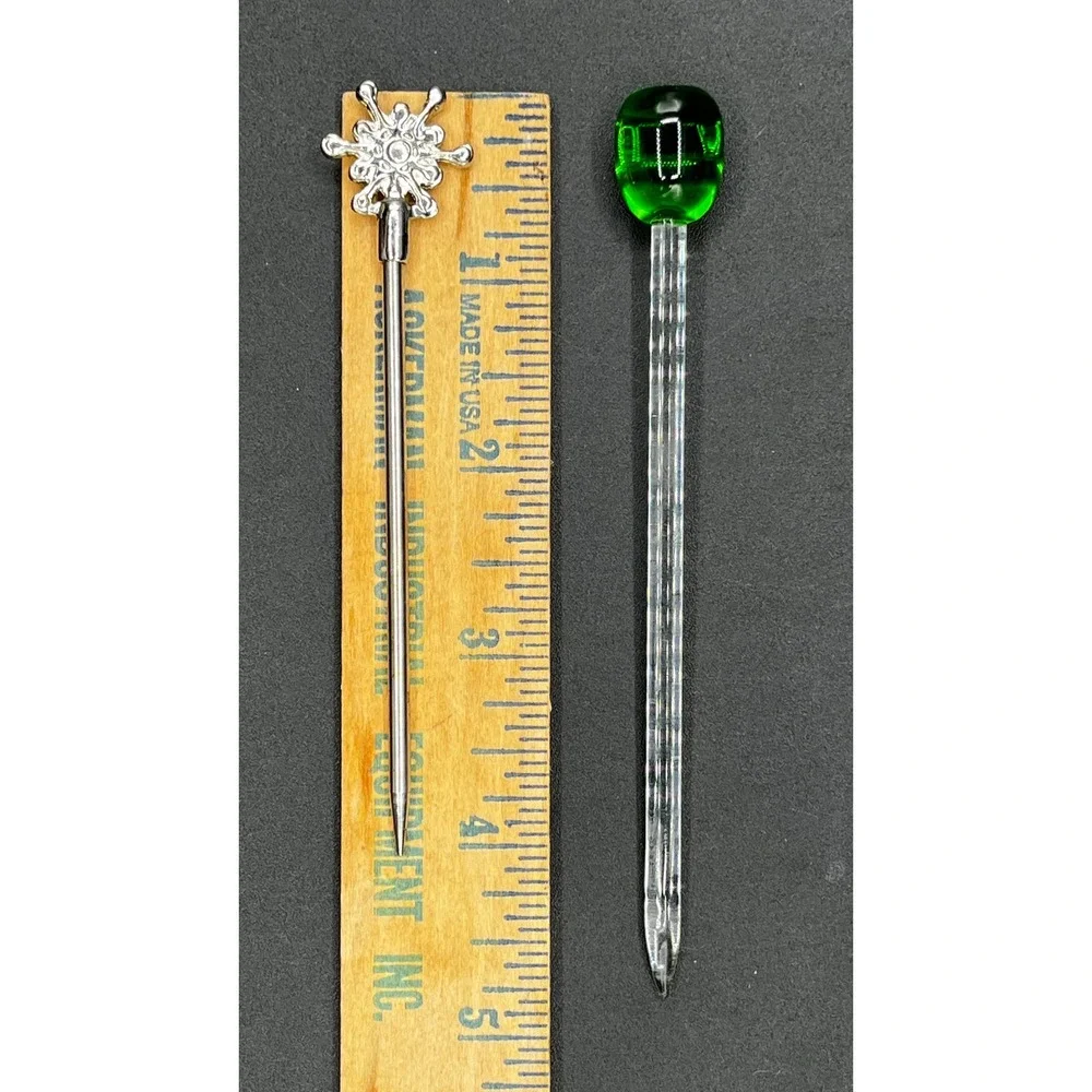 Set of 4 Cocktail Picks Glass Martini Olives Silver Snowflake Skewers Barware
